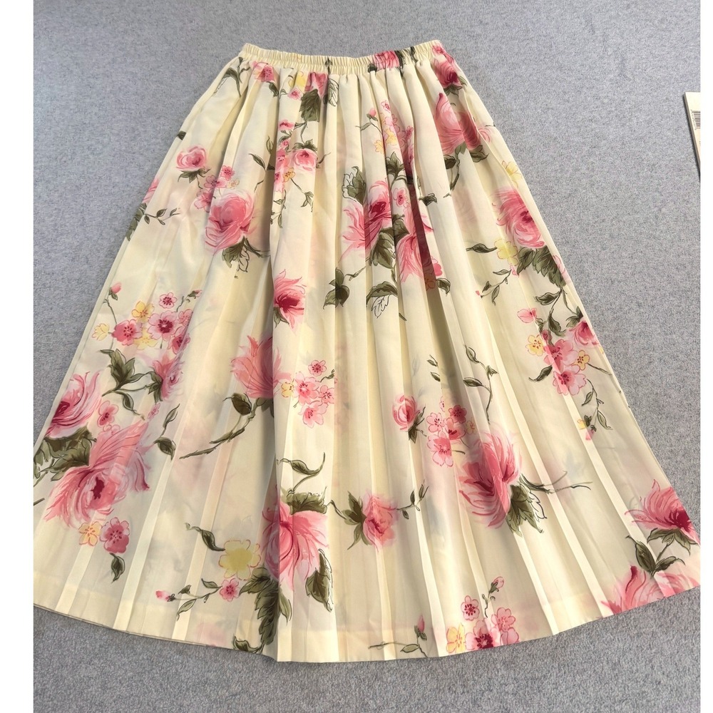 Ann Travis Pleated Midi Skirt Womens Sz 8 Cream Pink Floral Cottagecore Romantic